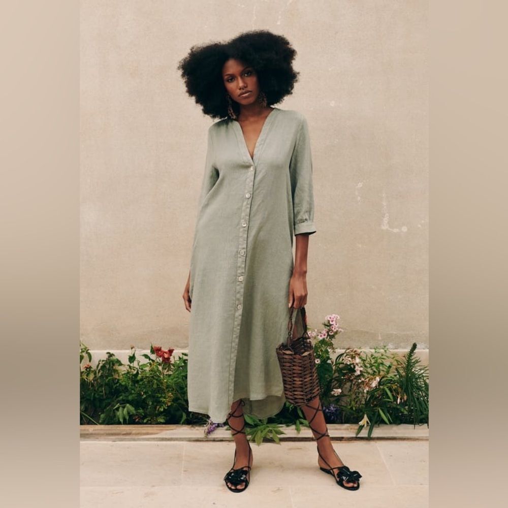 Zara 100% Linen Dress Pockets Khaki - Picture 11 of 11